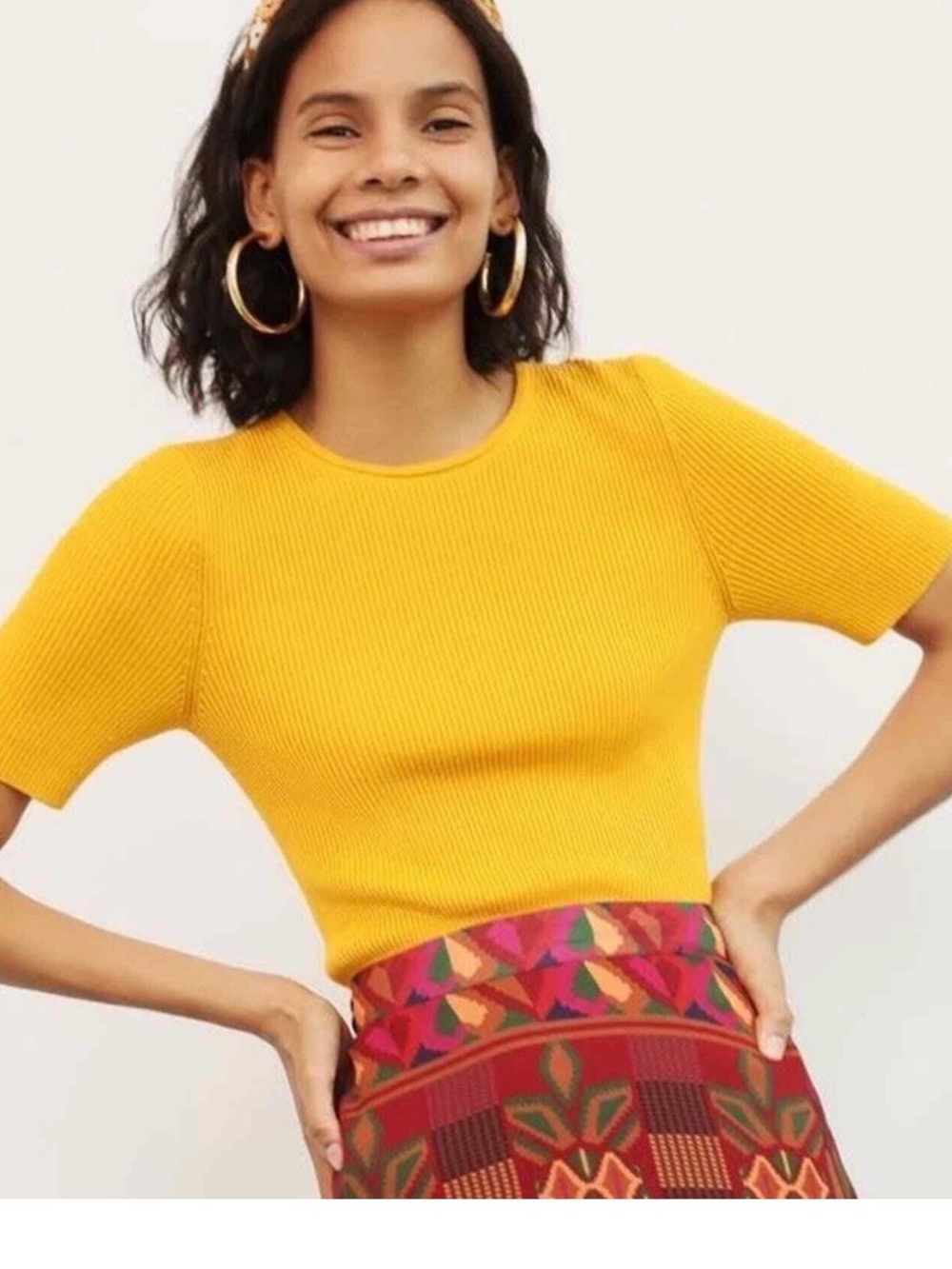 Maeve Josefah Mustard Yellow Short Sleeve Rib Knit Top size small